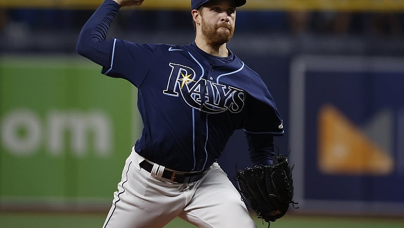 Aug 16, 2021; St. Petersburg, Florida, USA; Tampa Bay Rays starting pitcher Collin McHugh (31) throws a pitch during the second inning against the Baltimore Orioles at Tropicana Field. Mandatory Credit: Kim Klement-USA TODAY Sports