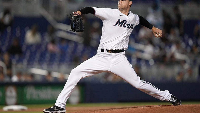 Aug 16, 2021; Miami, Florida, USA; Miami Marlins starting pitcher Braxton Garrett (60) delivers a pitch in the 1st inning against the Atlanta Braves at loanDepot park. Mandatory Credit: Jasen Vinlove-USA TODAY Sports
