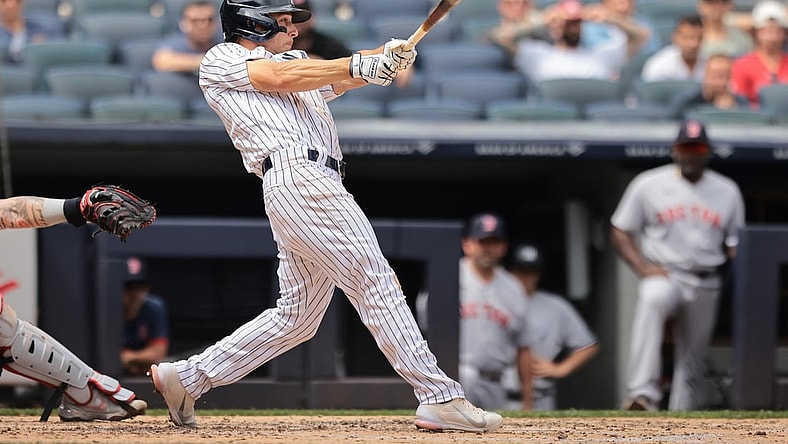 Aug 17, 2021; Bronx, New York, USA; New York Yankees shortstop Andrew Velazquez (71) hits a two RBI single against the Boston Red Sox during the second inning at Yankee Stadium. Mandatory Credit: Vincent Carchietta-USA TODAY Sports