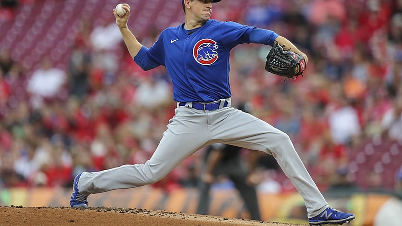 Aug 17, 2021; Cincinnati, Ohio, USA; Chicago Cubs starting pitcher Kyle Hendricks (28) throws a pitch against the Cincinnati Reds in the first inning at Great American Ball Park. Mandatory Credit: Katie Stratman-USA TODAY Sports