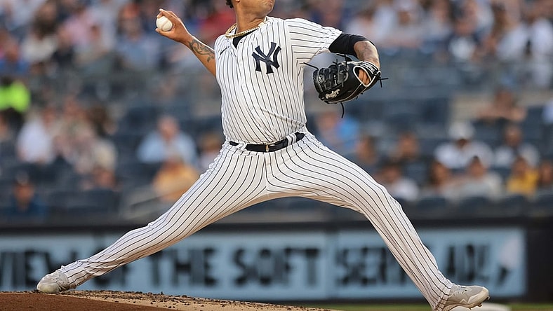 Aug 17, 2021; Bronx, New York, USA; New York Yankees starting pitcher Luis Gil (81) delivers a pitch during the second inning against the Boston Red Sox at Yankee Stadium. Mandatory Credit: Vincent Carchietta-USA TODAY Sports