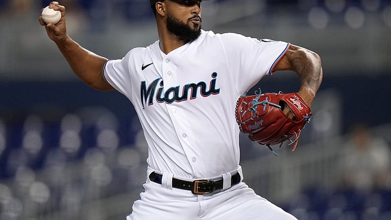 Aug 17, 2021; Miami, Florida, USA; Miami Marlins starting pitcher Sandy Alcantara (22) delivers a pitch in the 1st inning against the Atlanta Braves at loanDepot park. Mandatory Credit: Jasen Vinlove-USA TODAY Sports
