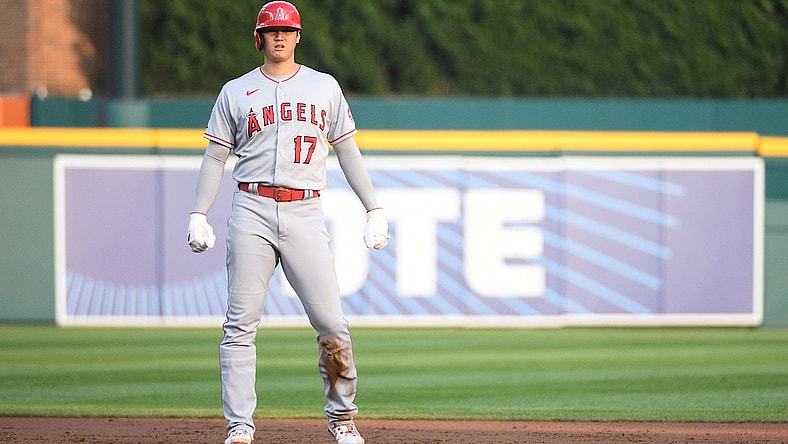 Aug 17, 2021; Detroit, Michigan, USA; Los Angeles Angels designated hitter Shohei Ohtani (17) during the first inning against the Detroit Tigers at Comerica Park. Mandatory Credit: Tim Fuller-USA TODAY Sports