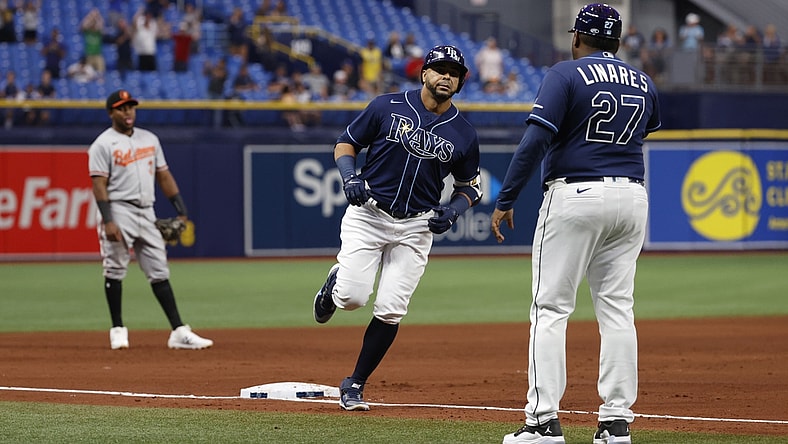 Aug 17, 2021; St. Petersburg, Florida, USA; Tampa Bay Rays designated hitter Nelson Cruz (23) runs around the bases as he hits a two run home run during the sixth inning against the Baltimore Orioles at Tropicana Field. Mandatory Credit: Kim Klement-USA TODAY Sports