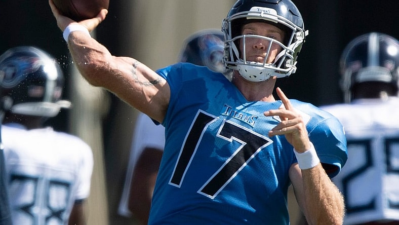 Tennessee Titans quarterback Ryan Tannehill (17) throws pass during a joint training camp practice against the Tampa Bay Buccaneers at AdventHealth Training Center Wednesday, Aug. 18, 2021 in Tampa, Fla.

Nas Titans Buccs 023