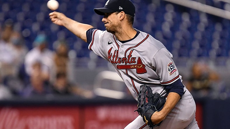 Aug 18, 2021; Miami, Florida, USA; Atlanta Braves starting pitcher Charlie Morton (50) pitches against the Miami Marlins during the first inning at loanDepot Park. Mandatory Credit: Jim Rassol-USA TODAY Sports