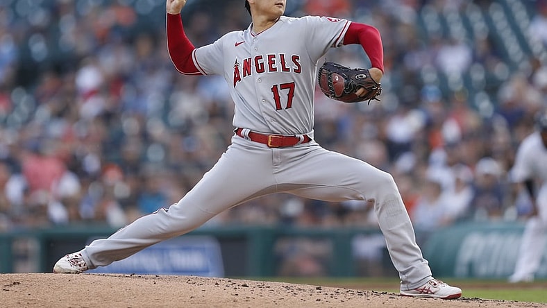 Aug 18, 2021; Detroit, Michigan, USA; Los Angeles Angels starting pitcher Shohei Ohtani (17) throws during the second inning against the Detroit Tigers at Comerica Park. Mandatory Credit: Raj Mehta-USA TODAY Sports