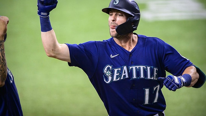 Aug 19, 2021; Arlington, Texas, USA; Seattle Mariners designated hitter Mitch Haniger (17) celebrates hitting a three run home run against the Texas Rangers during the second inning at Globe Life Field. Mandatory Credit: Jerome Miron-USA TODAY Sports