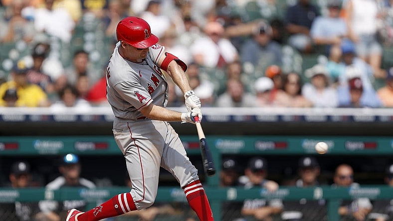 Aug 19, 2021; Detroit, Michigan, USA; Los Angeles Angels third baseman Phil Gosselin (13) reaches first on this at bat during the sixth inning against the Detroit Tigers at Comerica Park. Mandatory Credit: Raj Mehta-USA TODAY Sports