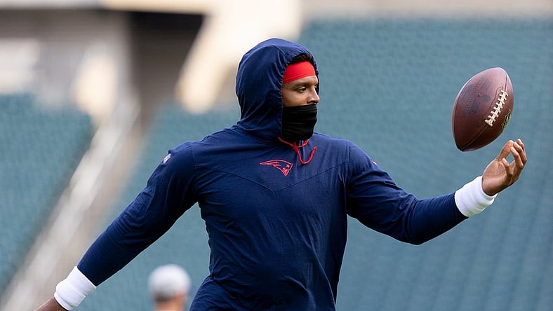 Aug 19, 2021; Philadelphia, Pennsylvania, USA; New England Patriots quarterback Cam Newton (1) before a game against the Philadelphia Eagles at Lincoln Financial Field. Mandatory Credit: Bill Streicher-USA TODAY Sports