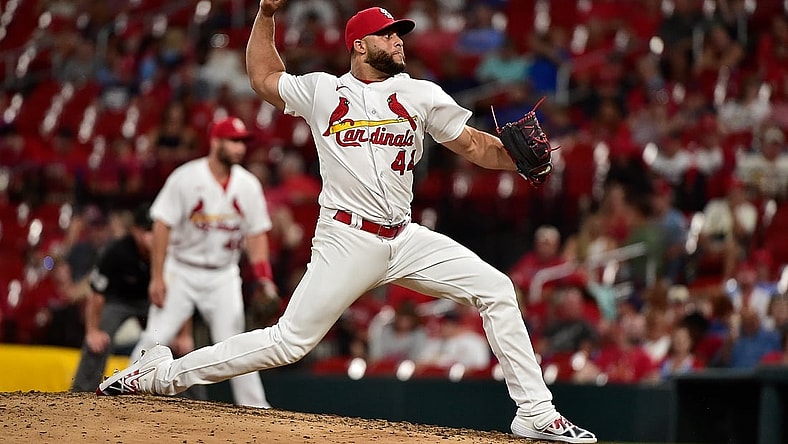Aug 19, 2021; St. Louis, Missouri, USA;  St. Louis Cardinals relief pitcher Junior Fernandez (44) pitches during the fourth inning against the Milwaukee Brewers at Busch Stadium. Mandatory Credit: Jeff Curry-USA TODAY Sports