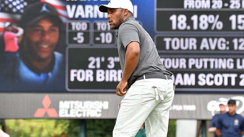 Aug 20, 2021; Jersey City, New Jersey, USA; Harold Varner III watches his putt on the 15th hole during the second round of The Northern Trust golf tournament at the Liberty National Golf Club. Mandatory Credit: Mark Konezny-USA TODAY Sports