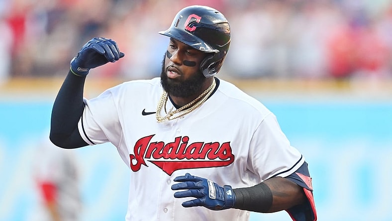Aug 20, 2021; Cleveland, Ohio, USA; Cleveland Indians designated hitter Franmil Reyes (32) rounds the bases after hitting a home run during the first inning against the Los Angeles Angels at Progressive Field. Mandatory Credit: Ken Blaze-USA TODAY Sports