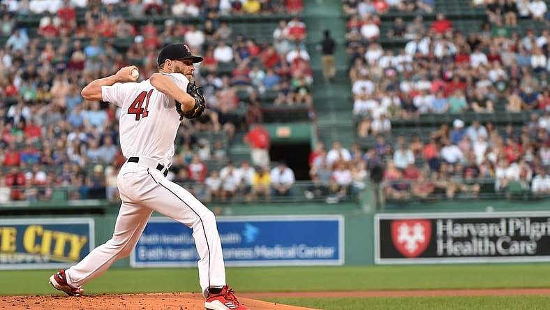 Aug 20, 2021; Boston, Massachusetts, USA;  Boston Red Sox starting pitcher Chris Sale (41) pitches during the first inning against the Texas Rangers at Fenway Park. Mandatory Credit: Bob DeChiara-USA TODAY Sports