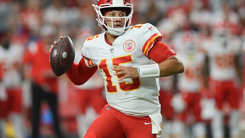 Aug 20, 2021; Glendale, Arizona, USA; Kansas City Chiefs quarterback Patrick Mahomes (15) drops back to pass during the first half against the Arizona Cardinals at State Farm Stadium. Mandatory Credit: Joe Camporeale-USA TODAY Sports