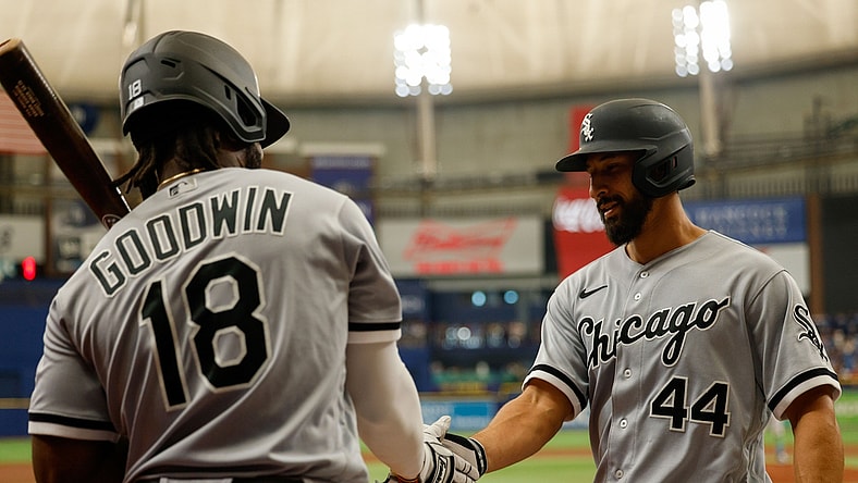 Aug 21, 2021; St. Petersburg, Florida, USA;  Chicago White Sox center fielder Brian Goodwin (18) congratulates catcher Seby Zavala (44) after hitting a home run in the third inning against the Tampa Bay Rays at Tropicana Field. Mandatory Credit: Nathan Ray Seebeck-USA TODAY Sports