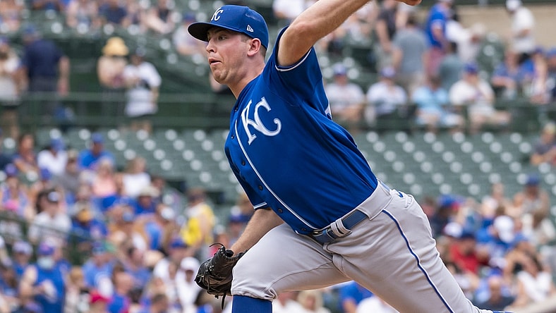 Aug 21, 2021; Chicago, Illinois, USA; Kansas City Royals starting pitcher Kris Bubic (50) pitches during the first inning against the Chicago Cubs at Wrigley Field. Mandatory Credit: Patrick Gorski-USA TODAY Sports