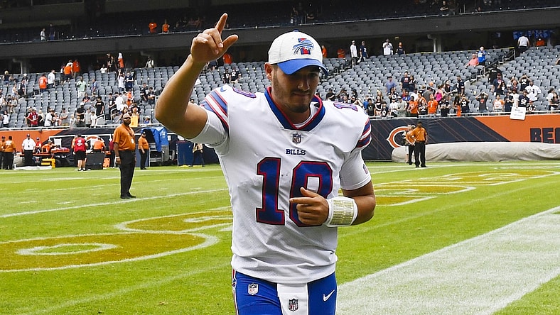Aug 21, 2021; Chicago, Illinois, USA;  Buffalo Bills quarterback Mitchell Trubisky (10) after the game against the Chicago Bears at Soldier Field. Mandatory Credit: Matt Marton-USA TODAY Sports