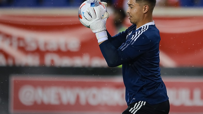 Aug 21, 2021; Harrison, New Jersey, USA; New York City FC goalkeeper Luis Barraza (13) warms up before a match against the New York Red Bulls at Red Bull Arena. Mandatory Credit: Vincent Carchietta-USA TODAY Sports