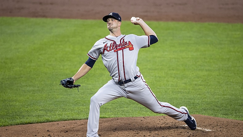 Aug 21, 2021; Baltimore, Maryland, USA; Atlanta Braves starting pitcher Drew Smyly (18) pitches against the Baltimore Orioles during the second inning at Oriole Park at Camden Yards. Mandatory Credit: Scott Taetsch-USA TODAY Sports