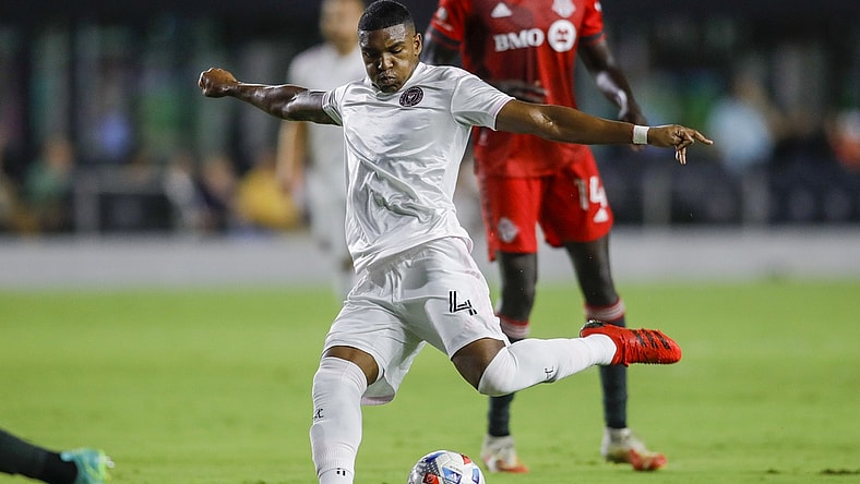 Aug 21, 2021; Fort Lauderdale, FL, Fort Lauderdale, FL, USA; Inter Miami CF defender Christian Makoun (4) attempts a shot during the first half of the game against Toronto FC at DRV PNK Stadium. Mandatory Credit: Sam Navarro-USA TODAY Sports