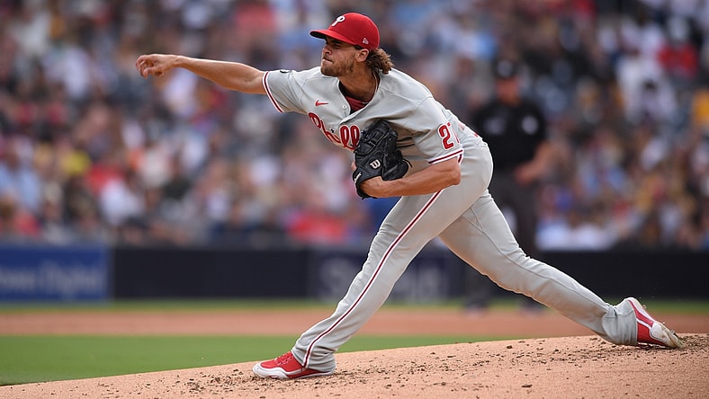 Aug 21, 2021; San Diego, California, USA; Philadelphia Phillies starting pitcher Aaron Nola (27) throws a pitch against the San Diego Padres during the second inning at Petco Park. Mandatory Credit: Orlando Ramirez-USA TODAY Sports