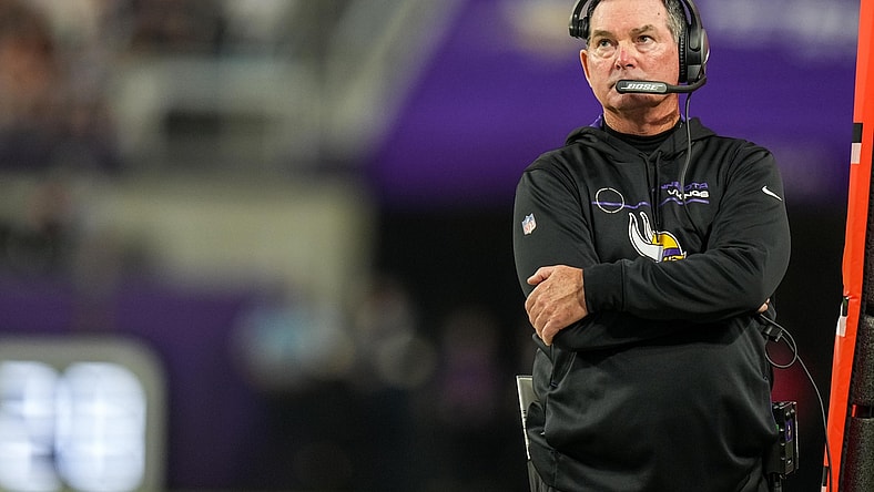Aug 21, 2021; Minneapolis, Minnesota, USA; Minnesota Vikings head coach Mike Zimmer looks on during the second quarter against the Indianapolis Colts at U.S. Bank Stadium. Mandatory Credit: Brace Hemmelgarn-USA TODAY Sports
