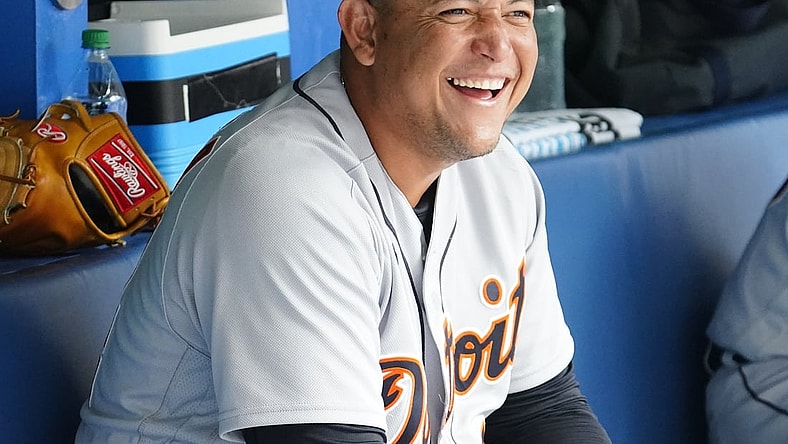 Aug 22, 2021; Toronto, Ontario, CAN; Detroit Tigers designated hitter Miguel Cabrera (24) smiles in the dugout after his solo homerun against the Toronto Blue Jays in the sixth inning at Rogers Centre. The homerun was the 500th of his career. Mandatory Credit: John E. Sokolowski-USA TODAY Sports