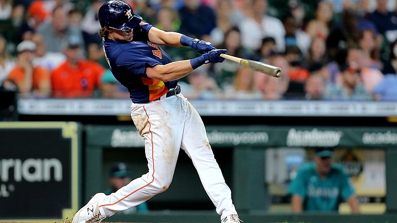 Aug 22, 2021; Houston, Texas, USA; Houston Astros center fielder Jake Meyers (6) hits a double to left field against the Seattle Mariners during the sixth inning at Minute Maid Park. Mandatory Credit: Erik Williams-USA TODAY Sports