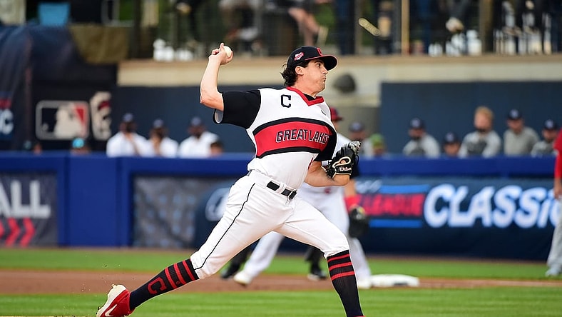 Aug 22, 2021; Williamsport, PA, USA; Cleveland Indians pitcher Cal Quantrill (47) throws a pitch in the first inning against the Los Angeles Angels at BB&T Ballpark at Historic Bowman Field. Mandatory Credit: Evan Habeeb-USA TODAY Sports