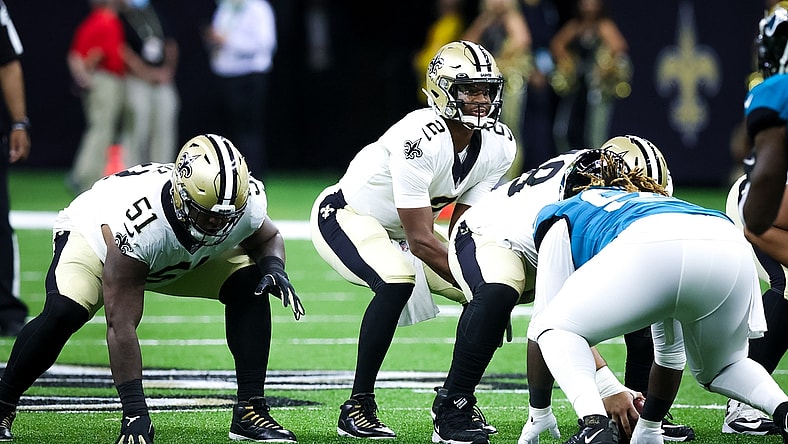 Aug 23, 2021; New Orleans, Louisiana, USA; New Orleans Saints quarterback Jameis Winston (2) waits for the snap against the Jacksonville Jaguars during the first half at Caesars Superdome. Mandatory Credit: Stephen Lew-USA TODAY Sports