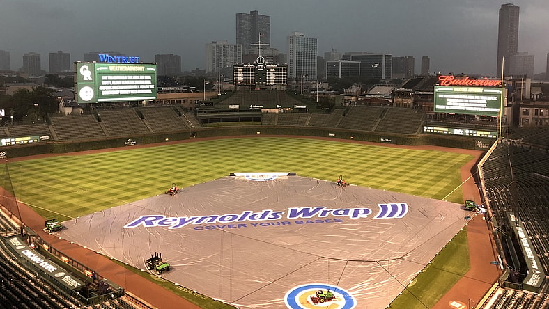 Aug 24, 2021; Chicago, Illinois, USA; The game between the Chicago Cubs and the Colorado Rockies was rained out it will be made up as a doubleheader August 25, 2021 at Wrigley Field. Mandatory Credit: David Banks-USA TODAY Sports