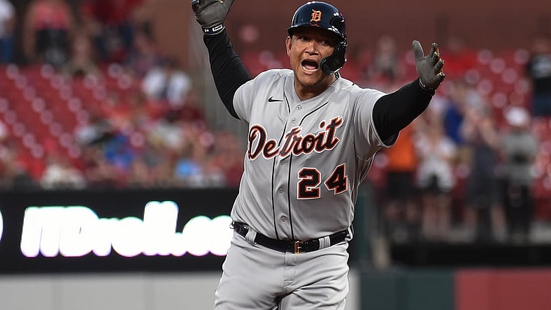 Aug 24, 2021; St. Louis, Missouri, USA; Detroit Tigers first baseman Miguel Cabrera (24) reacts after hitting a solo home run against the St. Louis Cardinals during the third inning at Busch Stadium. Mandatory Credit: Joe Puetz-USA TODAY Sports