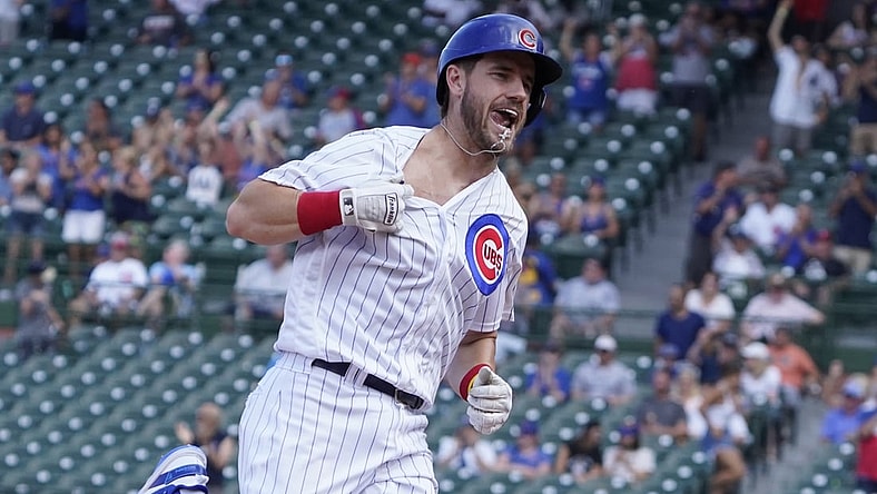 Aug 25, 2021; Chicago, Illinois, USA; Chicago Cubs third baseman Patrick Wisdom (16) runs the bases after hitting a three run home run against the Colorado Rockies during the fifth inning in game one of a doubleheader at Wrigley Field. Mandatory Credit: David Banks-USA TODAY Sports