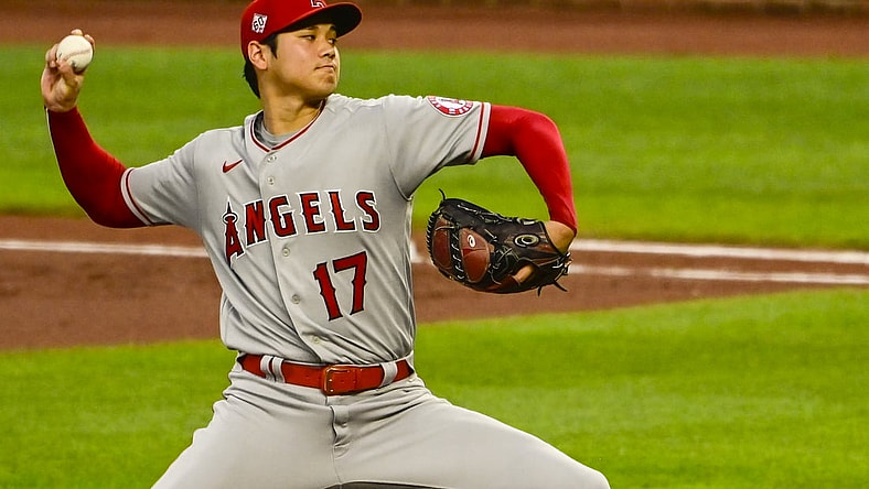 Aug 25, 2021; Baltimore, Maryland, USA;  Los Angeles Angels pitcher Shohei Ohtani (17) delivers a pitch during the first inning against the Baltimore Orioles at Oriole Park at Camden Yards. Mandatory Credit: Tommy Gilligan-USA TODAY Sports