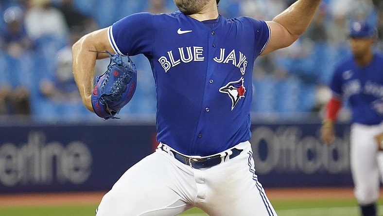 Aug 25, 2021; Toronto, Ontario, CAN; Toronto Blue Jays starting pitcher Robbie Ray (38) pitches to the Chicago White Sox during the second inning at Rogers Centre. Mandatory Credit: John E. Sokolowski-USA TODAY Sports