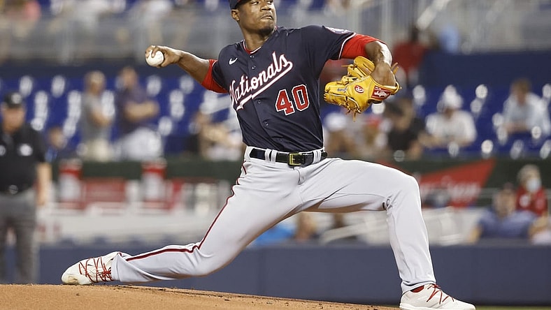 Aug 25, 2021; Miami, Florida, USA;  Washington Nationals starting pitcher Josiah Gray (40) delivers a pitch during the first inning against the Miami Marlins at loanDepot Park. Mandatory Credit: Rhona Wise-USA TODAY Sports