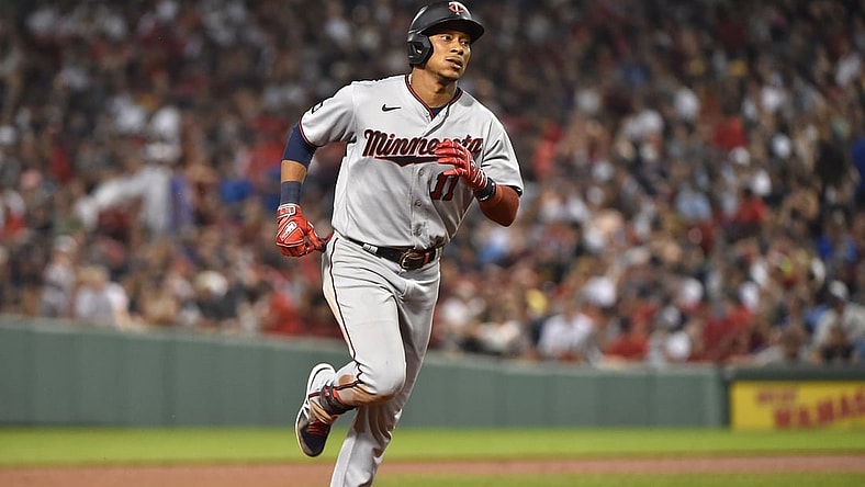 Aug 25, 2021; Boston, Massachusetts, USA;  Minnesota Twins second baseman Jorge Polanco (11) rounds the bases after hitting a two-run home run during the fourth inning against the Boston Red Sox at Fenway Park. Mandatory Credit: Bob DeChiara-USA TODAY Sports
