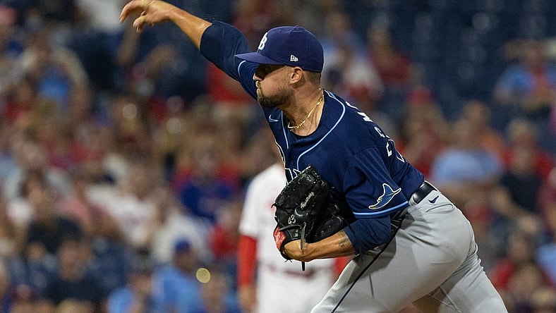 Aug 25, 2021; Philadelphia, Pennsylvania, USA; Tampa Bay Rays relief pitcher Shawn Armstrong (46) throws a pitch against the Philadelphia Phillies during the fifth inning at Citizens Bank Park. Mandatory Credit: Bill Streicher-USA TODAY Sports