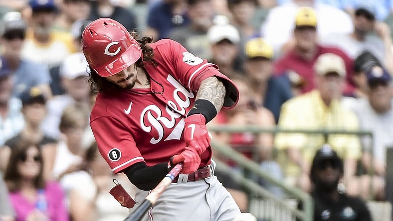 Aug 26, 2021; Milwaukee, Wisconsin, USA; Cincinnati Reds second baseman Jonathan India (6) hits a 3-run homer in the fifth inning against the Milwaukee Brewers at American Family Field. Mandatory Credit: Benny Sieu-USA TODAY Sports