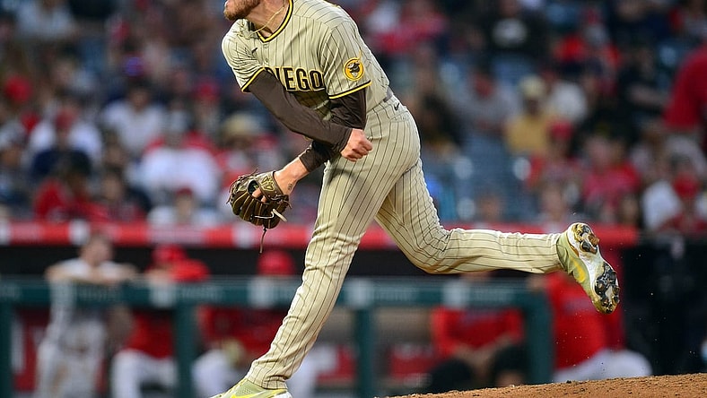 Aug 27, 2021; Anaheim, California, USA; San Diego Padres starting pitcher Joe Musgrove (44) throws against the Los Angeles Angels during the second inning at Angel Stadium. Mandatory Credit: Gary A. Vasquez-USA TODAY Sports