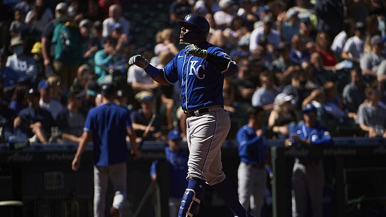 Aug 28, 2021; Seattle, Washington, USA;  Kansas City Royals catcher Salvador Perez (13) celebrates after hitting a two run home run in the fifth inning against the Seattle Mariners at T-Mobile Park. Mandatory Credit: Troy Wayrynen-USA TODAY Sports