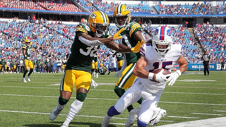 Bills receiver Jake Kumerow makes a circus catch but can't keep his feet in bounds agains the Packers.

Jg 082821 Bills 5