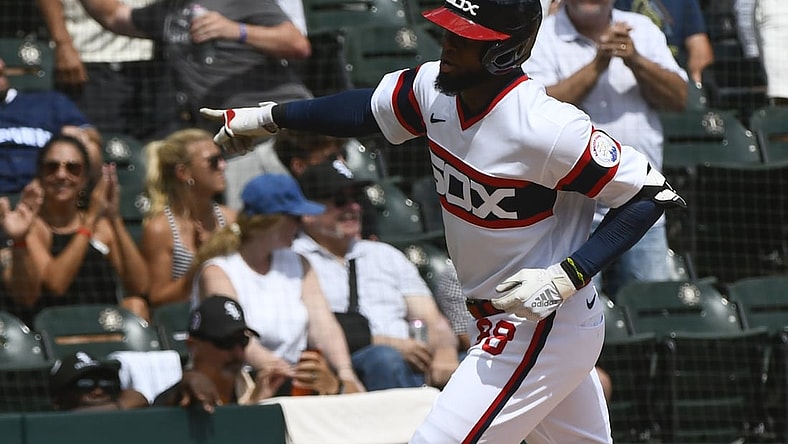 Aug 29, 2021; Chicago, Illinois, USA;  Chicago White Sox center fielder Luis Robert (88) after he hits a home run against the Chicago Cubs during the first inning at Guaranteed Rate Field. Mandatory Credit: Matt Marton-USA TODAY Sports