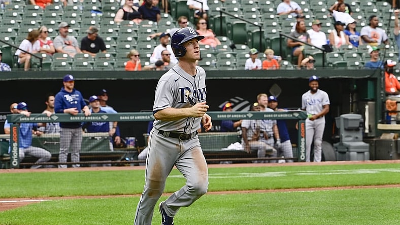 Aug 29, 2021; Baltimore, Maryland, USA;  Tampa Bay Rays third baseman Joey Wendle (18) runs out a sixth inning solo home run against the Baltimore Orioles at Oriole Park at Camden Yards. Mandatory Credit: Tommy Gilligan-USA TODAY Sports