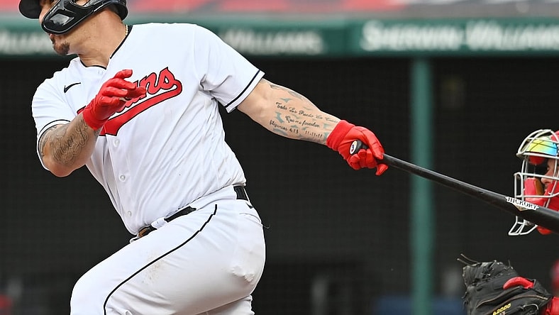 Aug 29, 2021; Cleveland, Ohio, USA; Cleveland Indians catcher Wilson Ramos (40) hits an RBI single during the sixth inning against the Boston Red Sox at Progressive Field. Mandatory Credit: Ken Blaze-USA TODAY Sports
