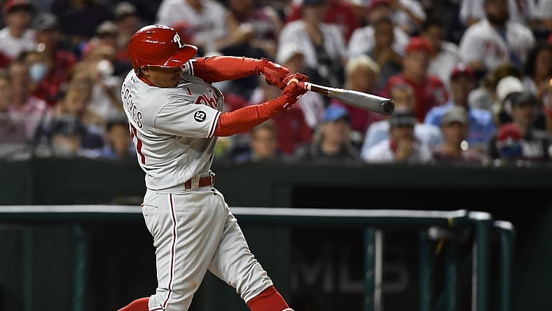 Aug 30, 2021; Washington, District of Columbia, USA; Philadelphia Phillies third baseman Ronald Torreyes (74) hits a three RBI triple against the Washington Nationals during the third inning at Nationals Park. Mandatory Credit: Brad Mills-USA TODAY Sports