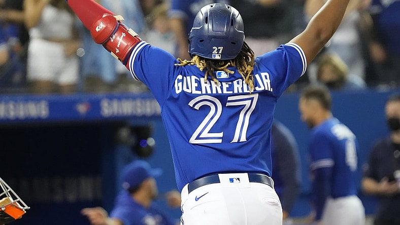 Aug 30, 2021; Toronto, Ontario, CAN; Toronto Blue Jays first baseman Vladimir Guerrero Jr (27) celebrates a solo home run in the fourth inning against the Baltimore Orioles at Rogers Centre. Mandatory Credit: John E. Sokolowski-USA TODAY Sports
