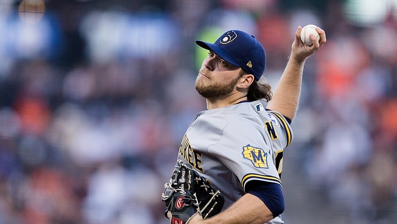 Aug 30, 2021; San Francisco, California, USA;  Milwaukee Brewers starting pitcher Corbin Burnes (39) throws against the San Francisco Giants in the first inning at Oracle Park. Mandatory Credit: John Hefti-USA TODAY Sports