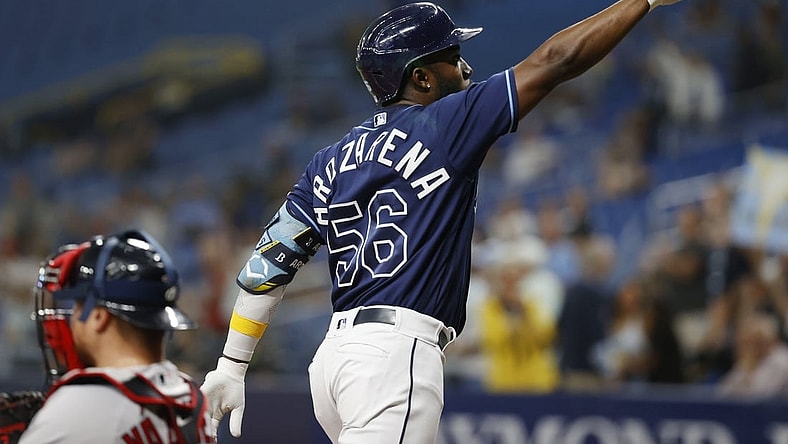 Aug 31, 2021; St. Petersburg, Florida, USA; Tampa Bay Rays left fielder Randy Arozarena (56) celebrates after hitting a home run against the Boston Red Sox during the second inning at Tropicana Field. Mandatory Credit: Kim Klement-USA TODAY Sports